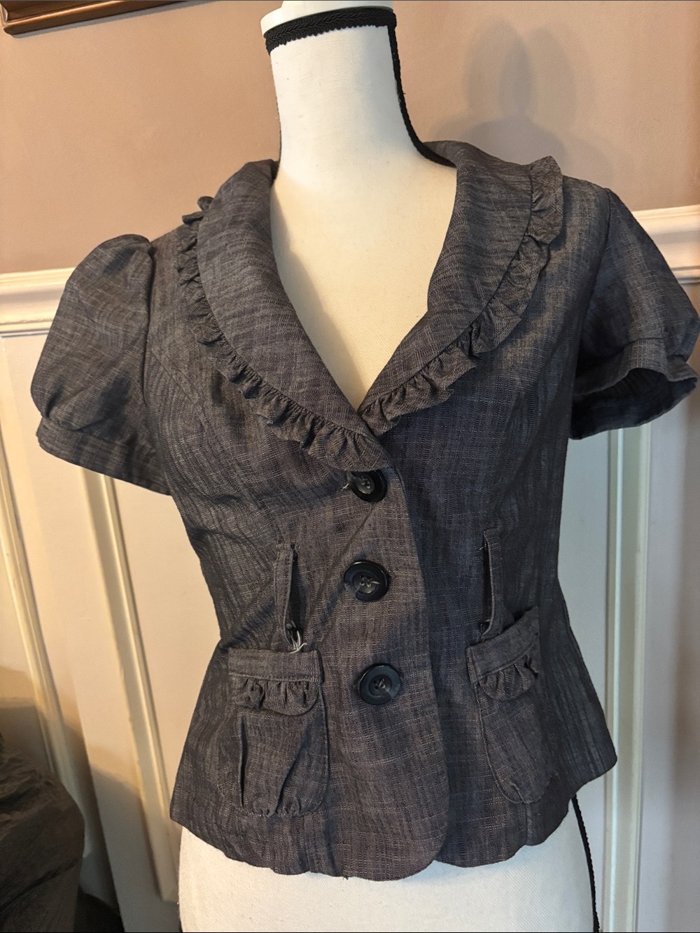 My Michelle Gray Ruffled Collar Button-Front Women's Top with belt